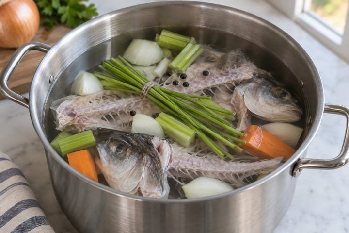 鍋の冷水に白身魚の頭と中骨、玉ねぎ、にんじん、セロリと束ねたパセリの茎が入っている