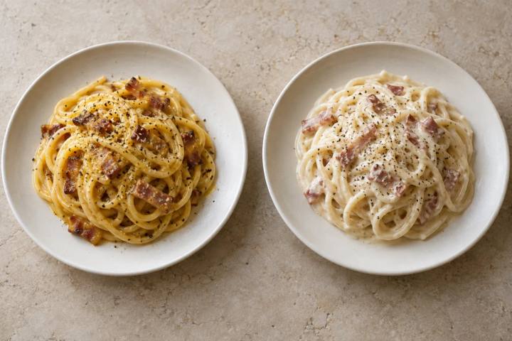 左は卵とチーズの黄色いソース、右は白いクリームソースを絡めたカルボナーラ