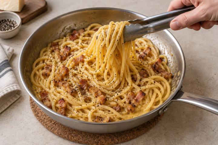 火から外して鍋敷きに置いたフライパンで、黄色いソースを絡めた麺を持ち上げる