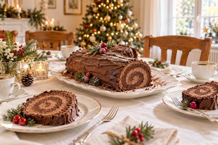 白い大皿のチョコレートのビュッシュ・ド・ノエルと、取り分けたケーキ、コーヒーカップ