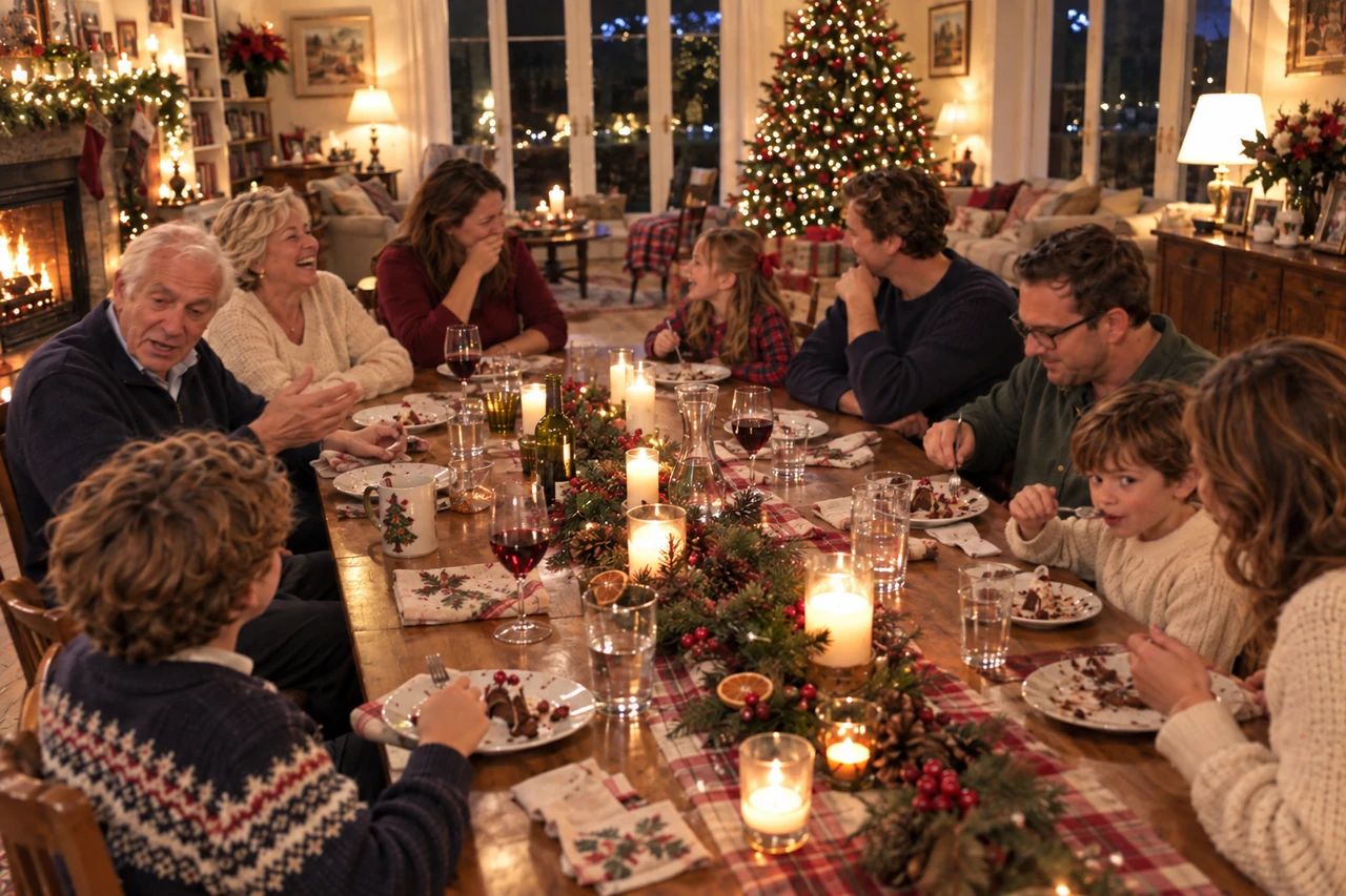 夜のクリスマスに、子ども3人、親世代4人、祖父母2人が細長い食卓の左右に座る家庭のイメージ。