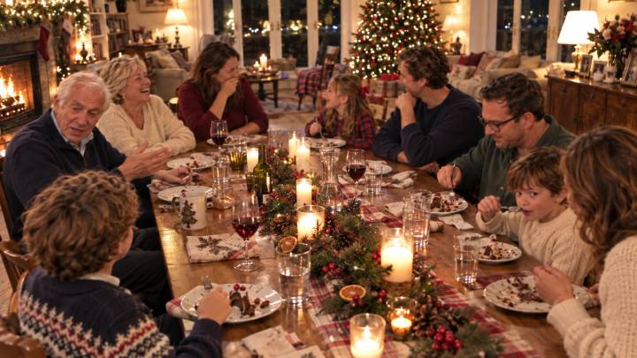 夜のクリスマスに、子ども3人、親世代4人、祖父母2人が細長い食卓の左右に座る家庭のイメージ。
