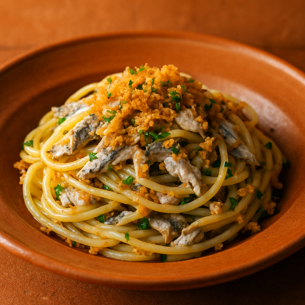 Spaghetti con Alici Fresche e Pangrattato