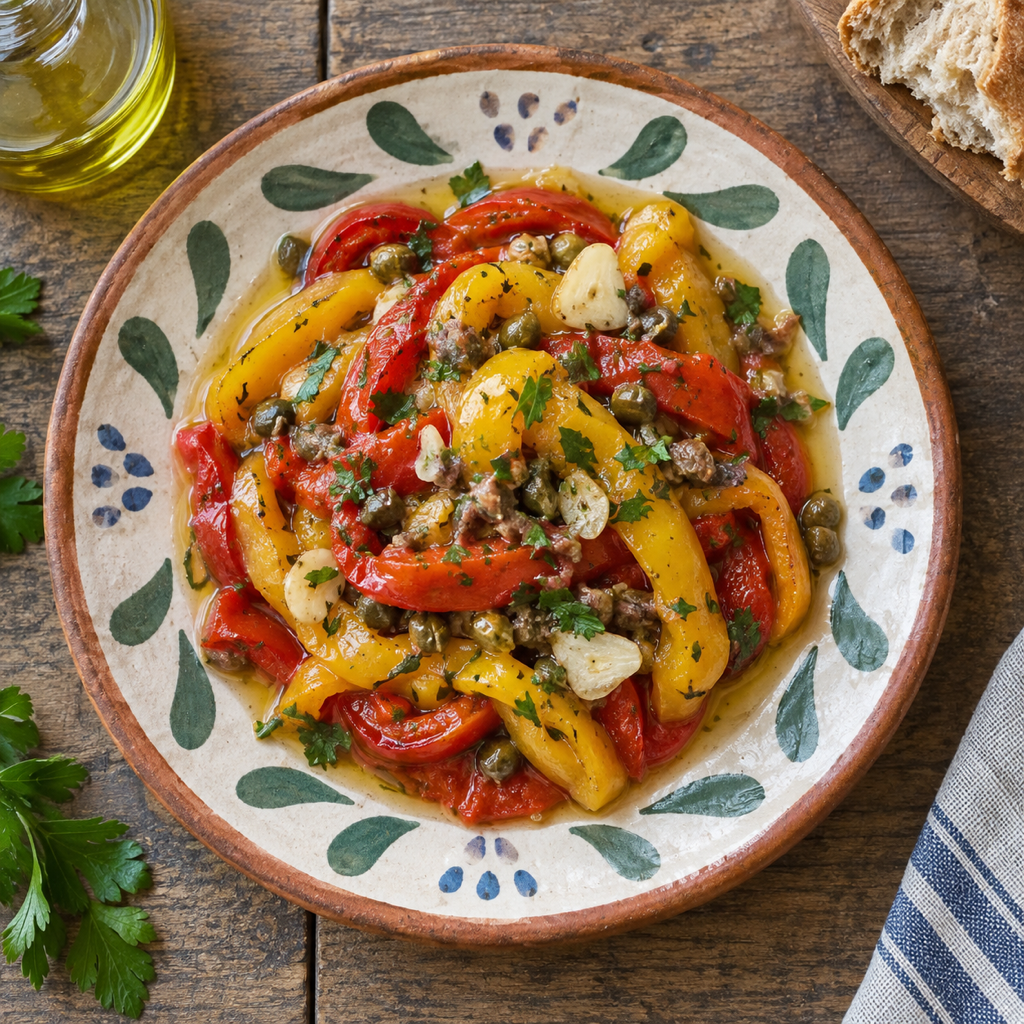 Peperoni arrostiti con acciughe e capperi