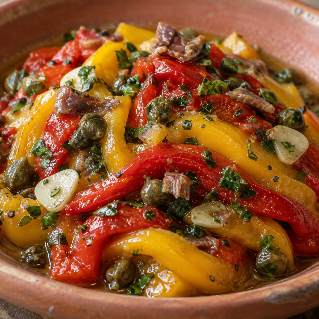 Peperoni arrostiti con acciughe e capperi