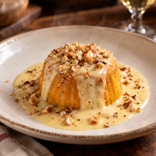 Flan di Zucca con Fonduta（フラン・ディ・ズッカ・コン・フォンドゥータ（かぼちゃのフランとフォンティーナのフォンドゥータ））