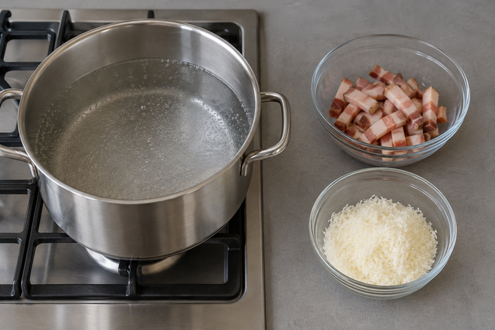 Boil water and prepare ingredients