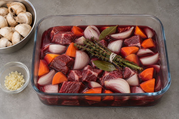 Marinate the beef and aromatic vegetables in wine