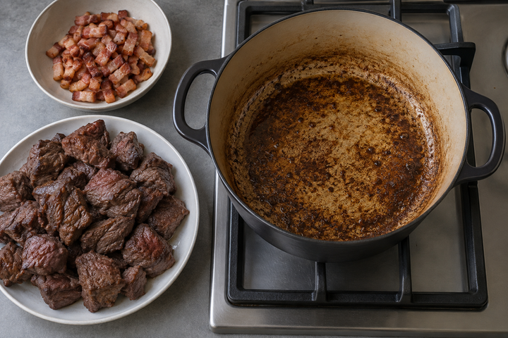 Brown the lardons and beef