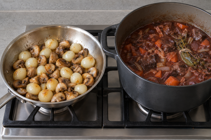 Cook the pearl onions and mushrooms