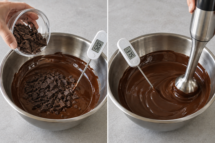 チョコレートを50〜55℃に溶かし、刻んだ分を加えて31〜32℃に下げてテンパリングする