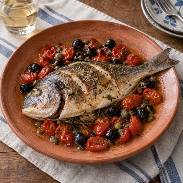 Baked Sea Bream with Olives and Capers