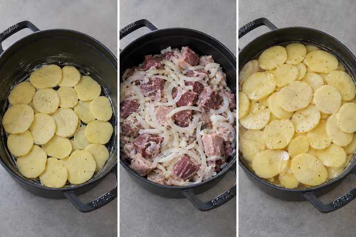 じゃがいも・肉・玉ねぎを重ね、マリネ液を注ぐ