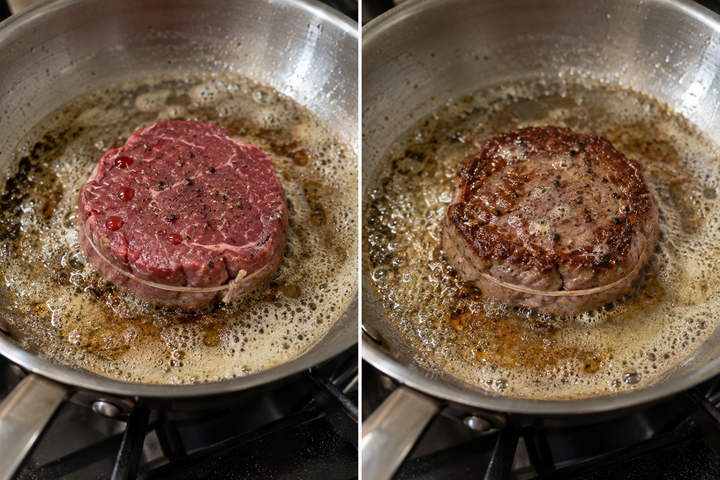 牛フィレをバターで両面焼き、ロゼのままオーブンで休ませる
