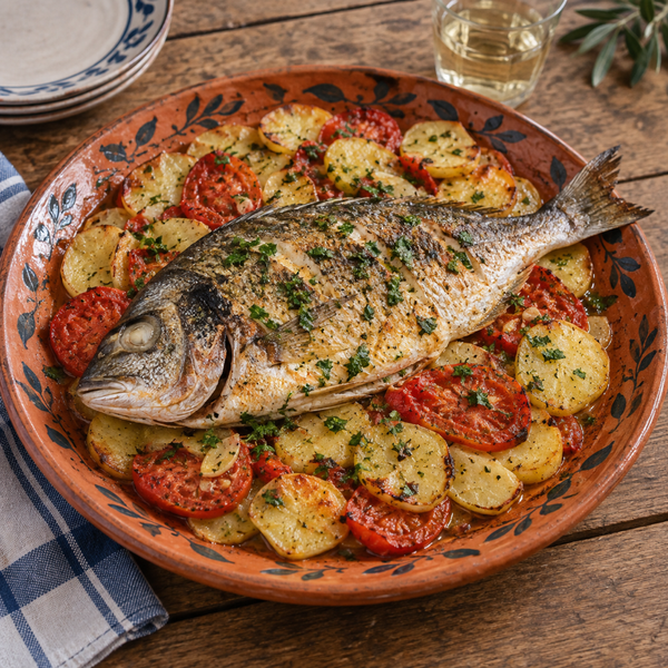 Baked Sea Bream with Potatoes and Tomatoes
