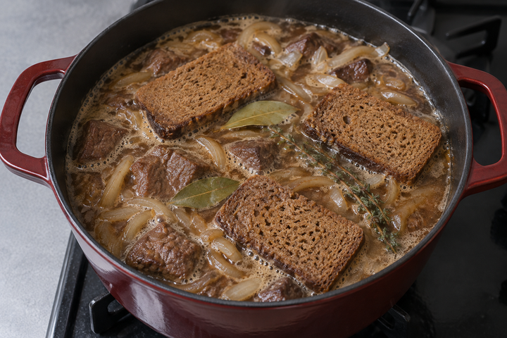 肉を戻してビールを注ぎ、パン・デピスをのせて沸かす