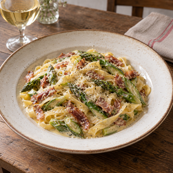 Fettuccine con asparagi e speck
