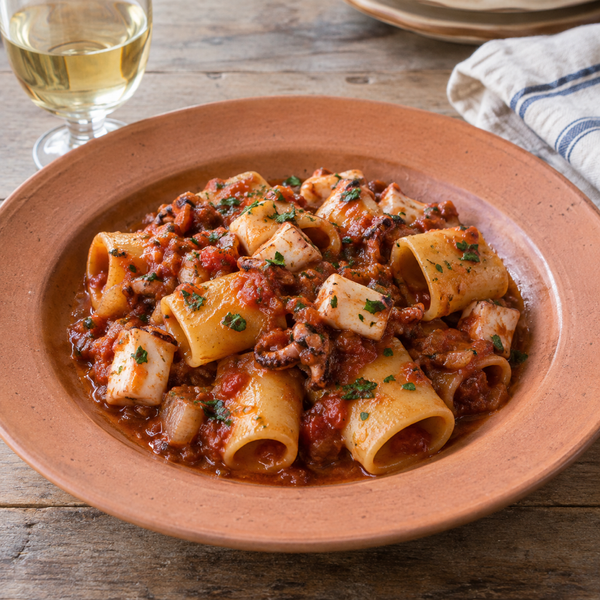Paccheri con ragù di totani e colatura