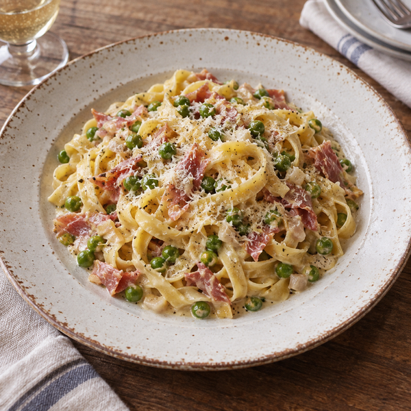 Tagliatelle con prosciutto di Parma e piselli