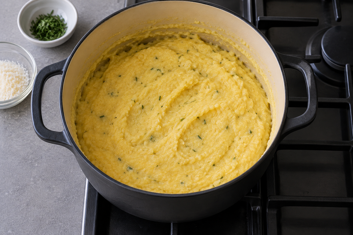 Cook the polenta and mix in rosemary and cheese