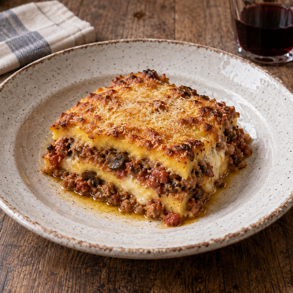 Baked Layered Polenta with Sausage and Porcini